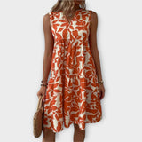 Ärmelloses, fließendes Kleid mit V-Ausschnitt, orange-weißes Blätter-Floralmuster