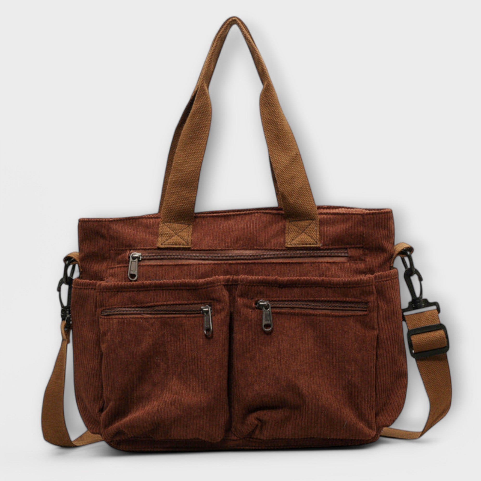 Braune Tote Bag mit zwei Fronttaschen, Reißverschlüssen und Schultergriffen