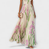Chiffon-Maxikleid mit Blumenmuster, langes A-Linien-Fall, creme mit rosa Blüten