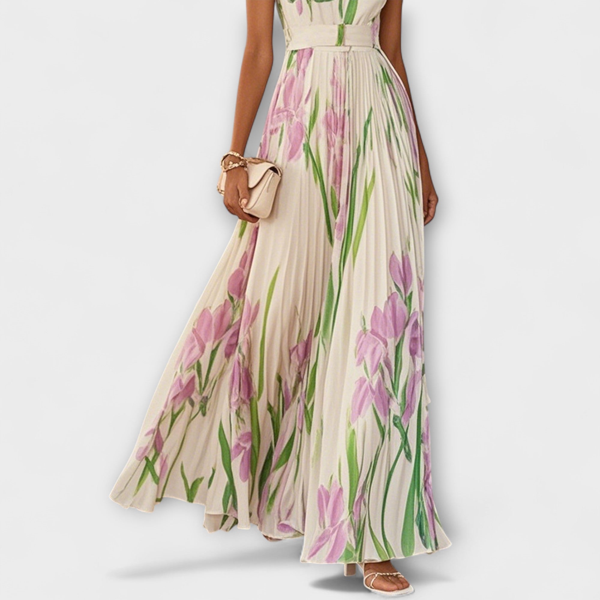 Chiffon-Maxikleid mit Blumenmuster, langes A-Linien-Fall, creme mit rosa Blüten