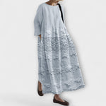 Blaues Spitzenmuster-Kleid mit A-Linien-Schnitt, Rundhalsausschnitt und 3/4-Ärmeln
