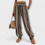 Hose mit ethnischem Streifenmuster in Schwarz, Beige und Braun, elastischer Bund