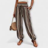Hose mit ethnischem Streifenmuster in Schwarz, Beige und Braun, elastischer Bund