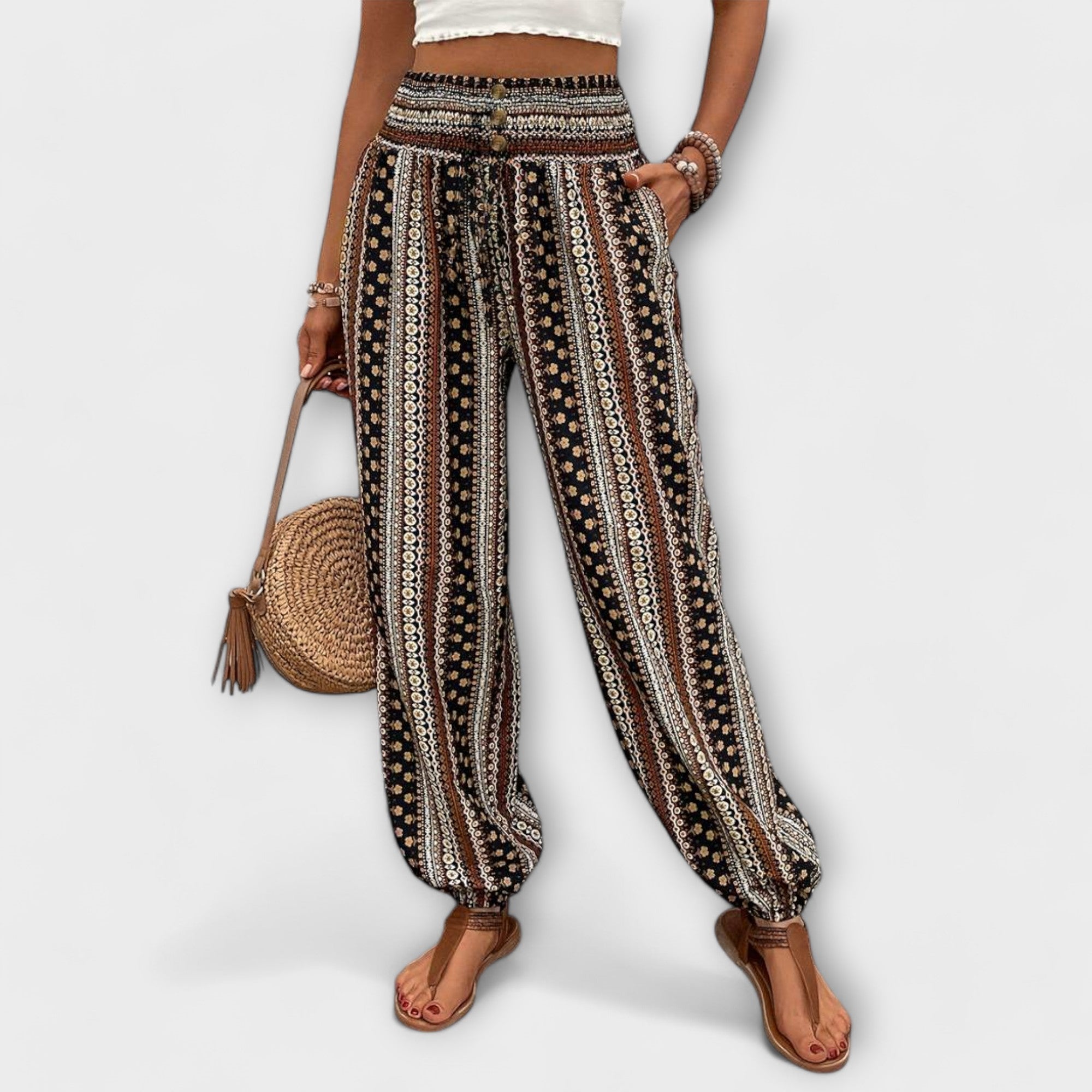 Hose mit ethnischem Streifenmuster in Schwarz, Beige und Braun, elastischer Bund
