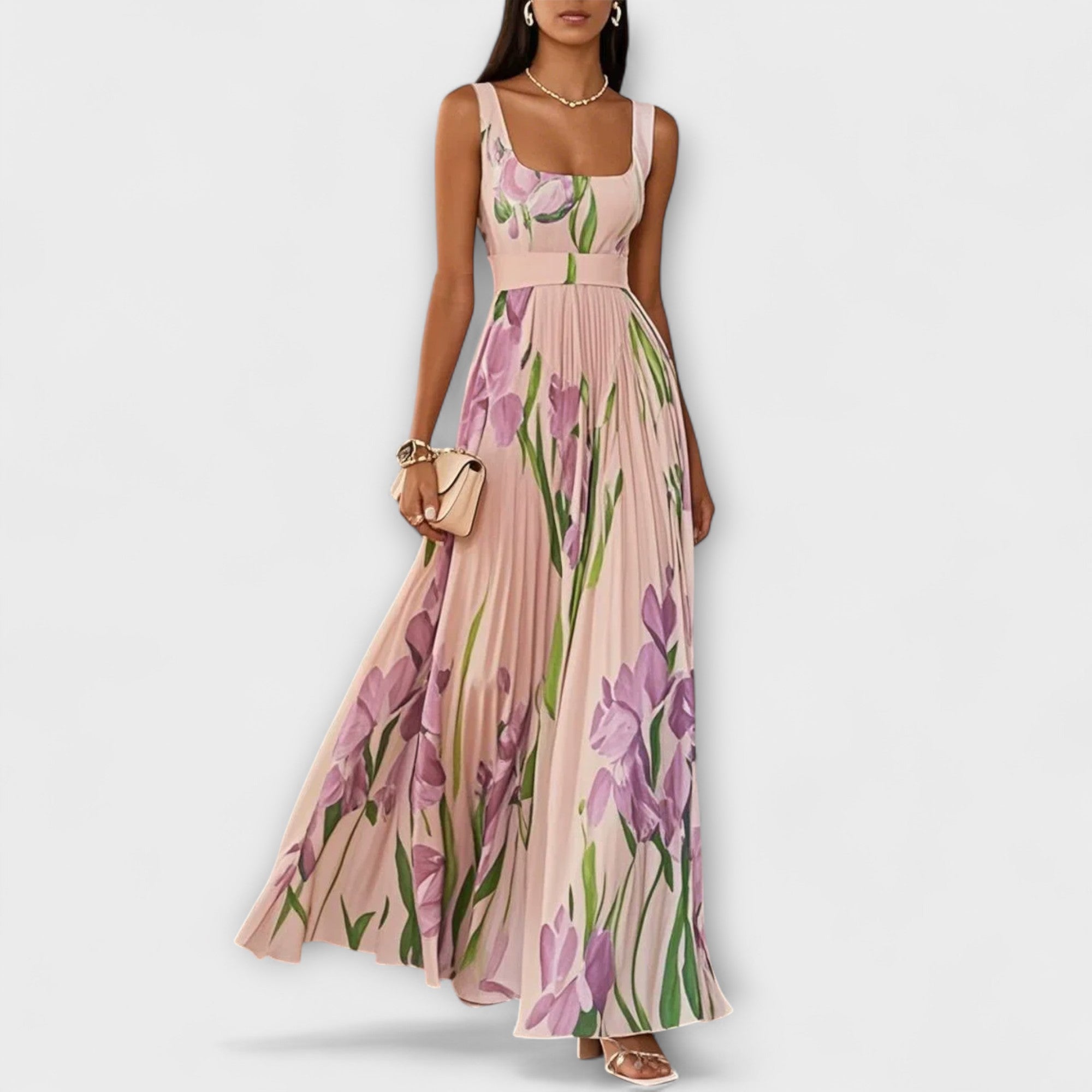 Chiffon-Maxikleid mit Blumenmuster, rosafarben mit violetten Blüten und Taillengürtel