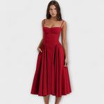 Rotes ärmelloses Korsettkleid mit Spaghettiträgern und plissiertem Rock