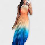 Ärmelloses Maxikleid mit Faltenrock, Farbverlauf Orange zu Hellblau