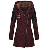 Winterjacke in Dunkelrot mit Samtkapuze, Reißverschluss und gesteppten Ärmeln