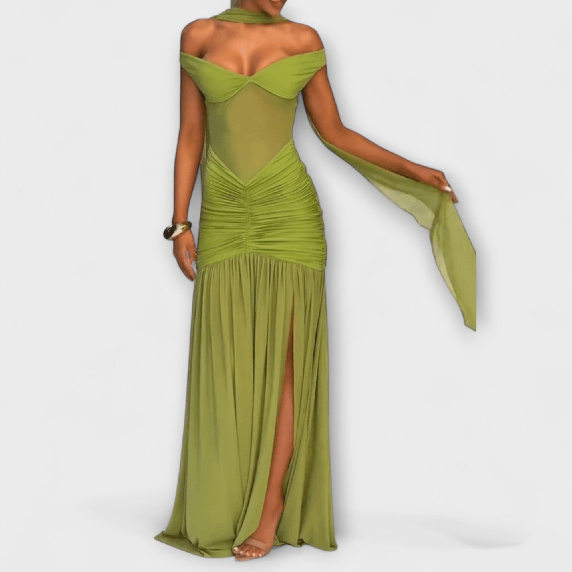 Olivfarbenes Maxikleid mit V-Ausschnitt, geraffter Taille und weitem Rock mit Beinschlitz