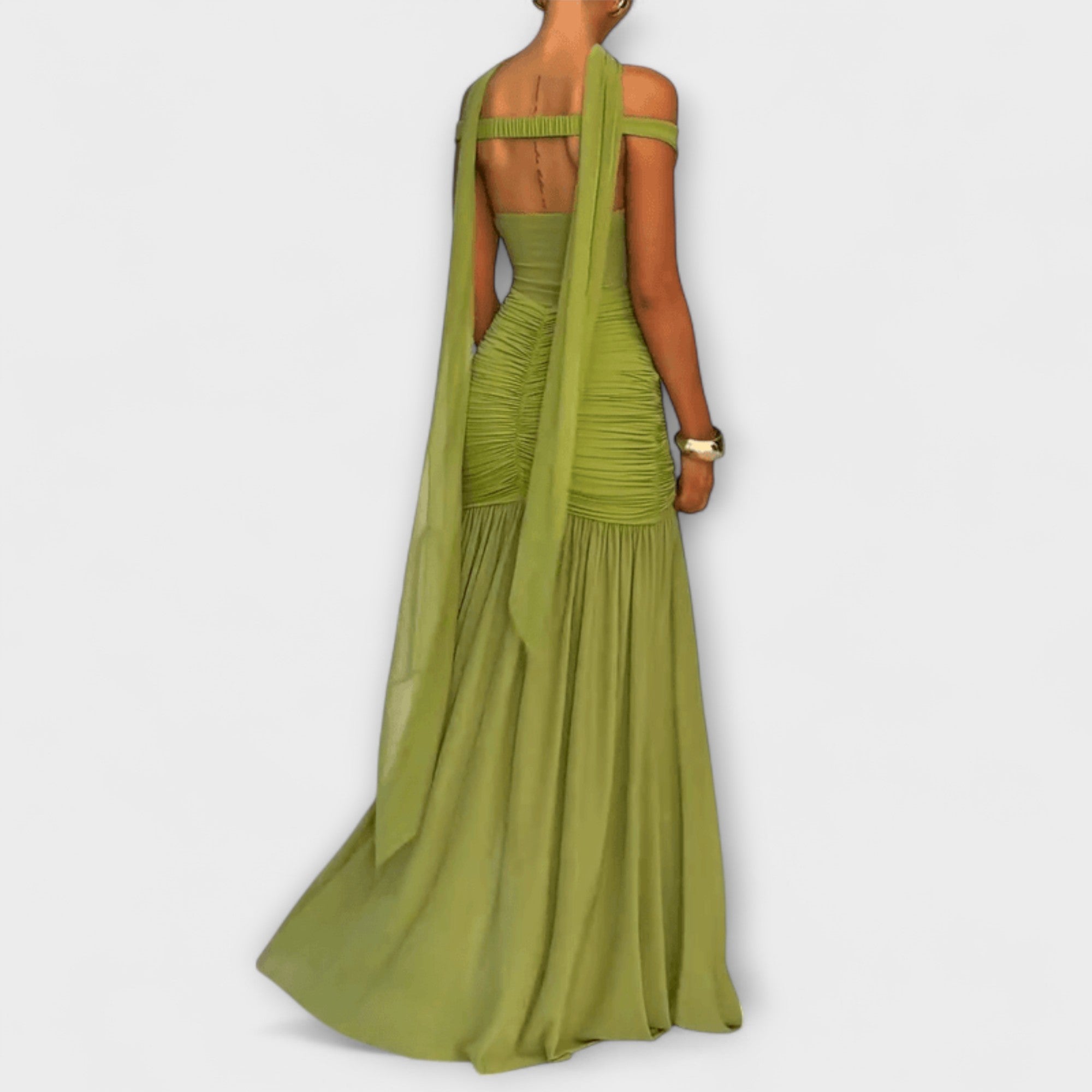 Olivfarbenes Maxikleid mit breiten Trägern am Rücken und gerafftem Mesh, langer Rock