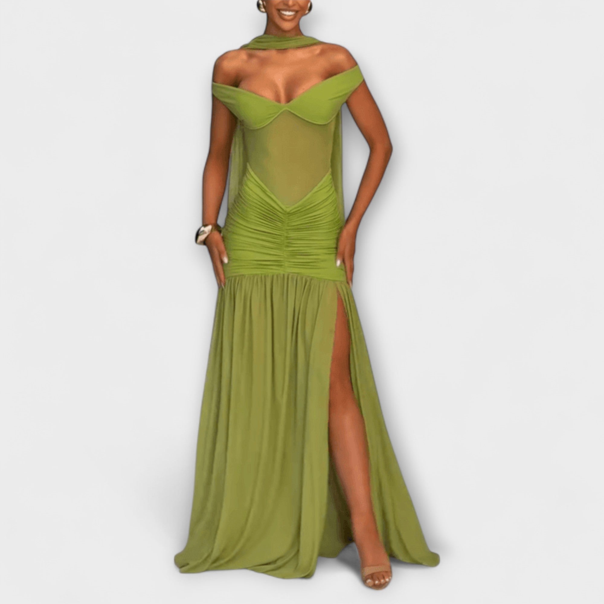 Olivfarbenes Maxikleid mit Off-Shoulder V-Ausschnitt und Beinschlitz, geraffte Taille