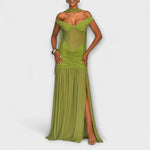 Olivfarbenes Maxikleid mit V-Ausschnitt, Mesh-Einsatz am Oberteil, geraffter Taille