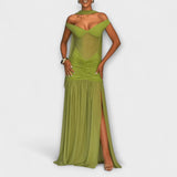 Olivfarbenes Maxikleid mit V-Ausschnitt, Mesh-Einsatz am Oberteil, geraffter Taille