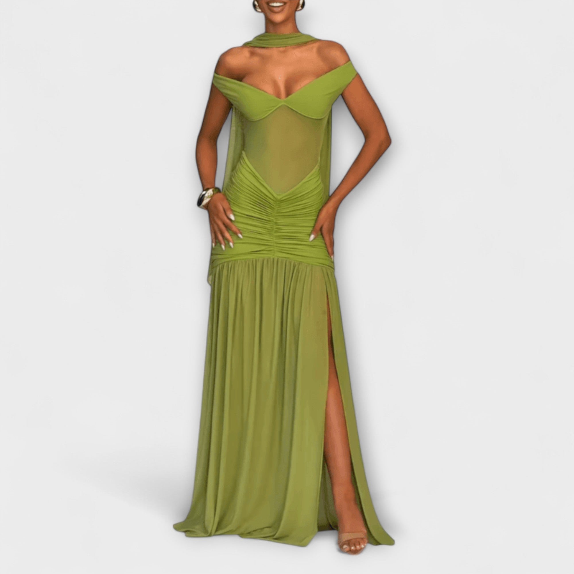 Olivfarbenes Maxikleid mit V-Ausschnitt, Mesh-Einsatz am Oberteil, geraffter Taille