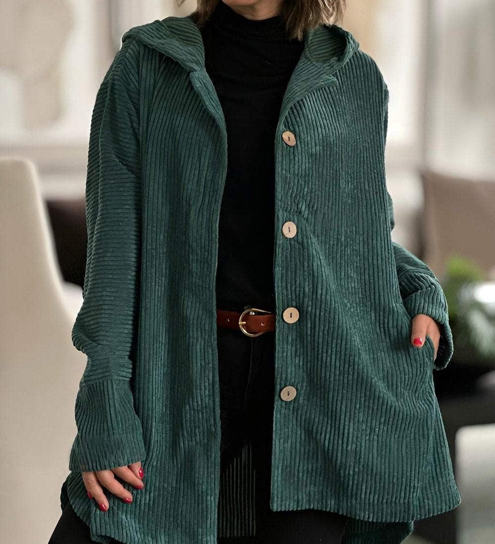 Cordjacke mit Kapuze, dunkelgrün, Knopfleiste vorn und seitliche Taschen