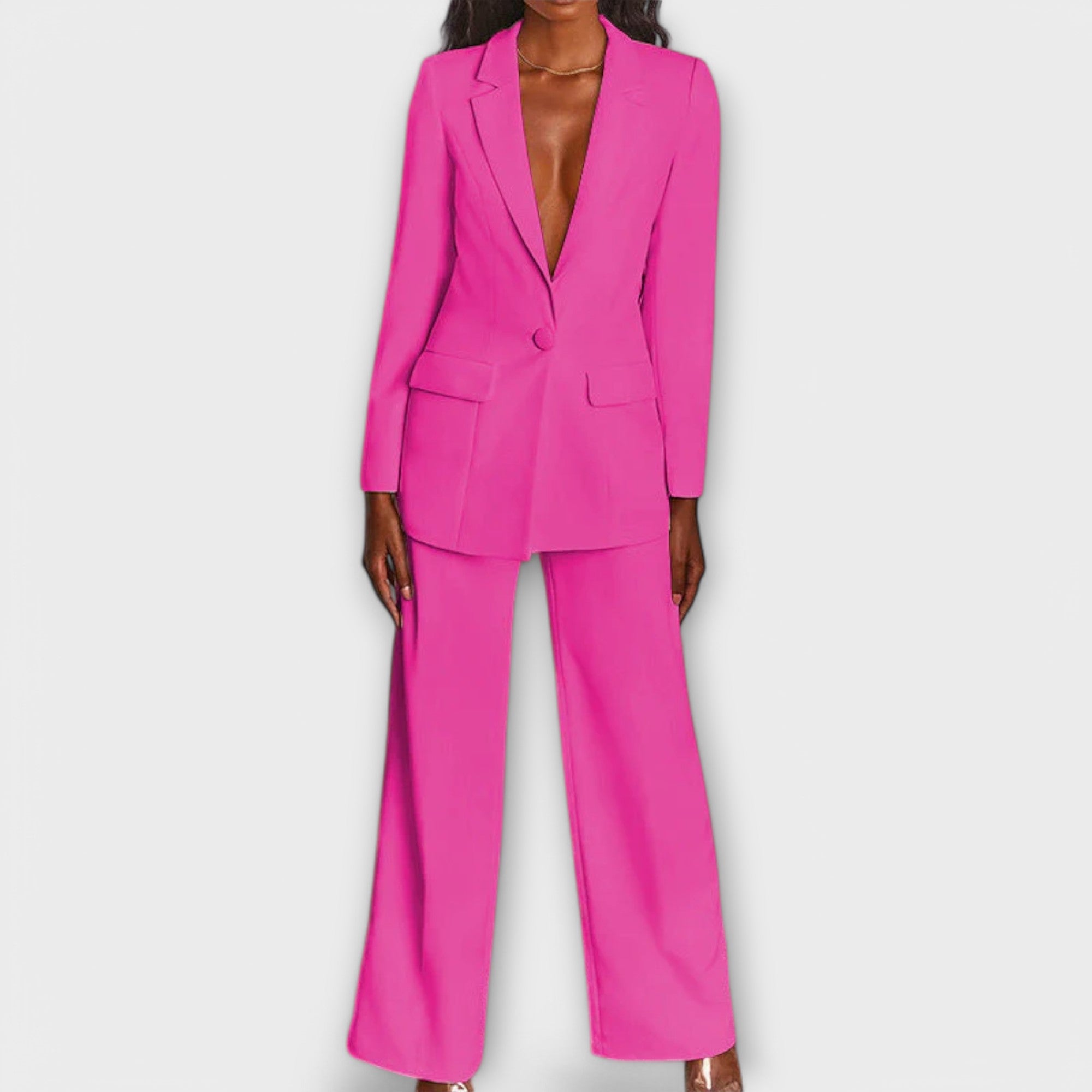 Damenanzug: pinkfarbener Blazer mit Revers und weiten Schlaghosen