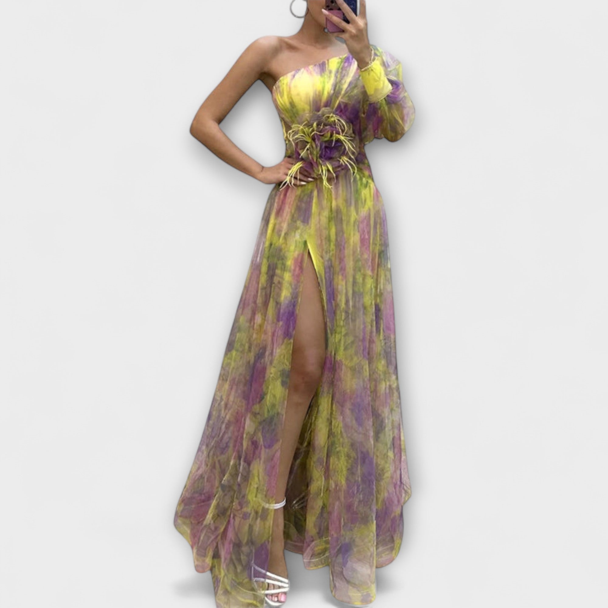 Asymmetrisches One-Shoulder-Maxikleid, Farbmix Gelb/Grün mit Lila Akzenten, Taillengürtel