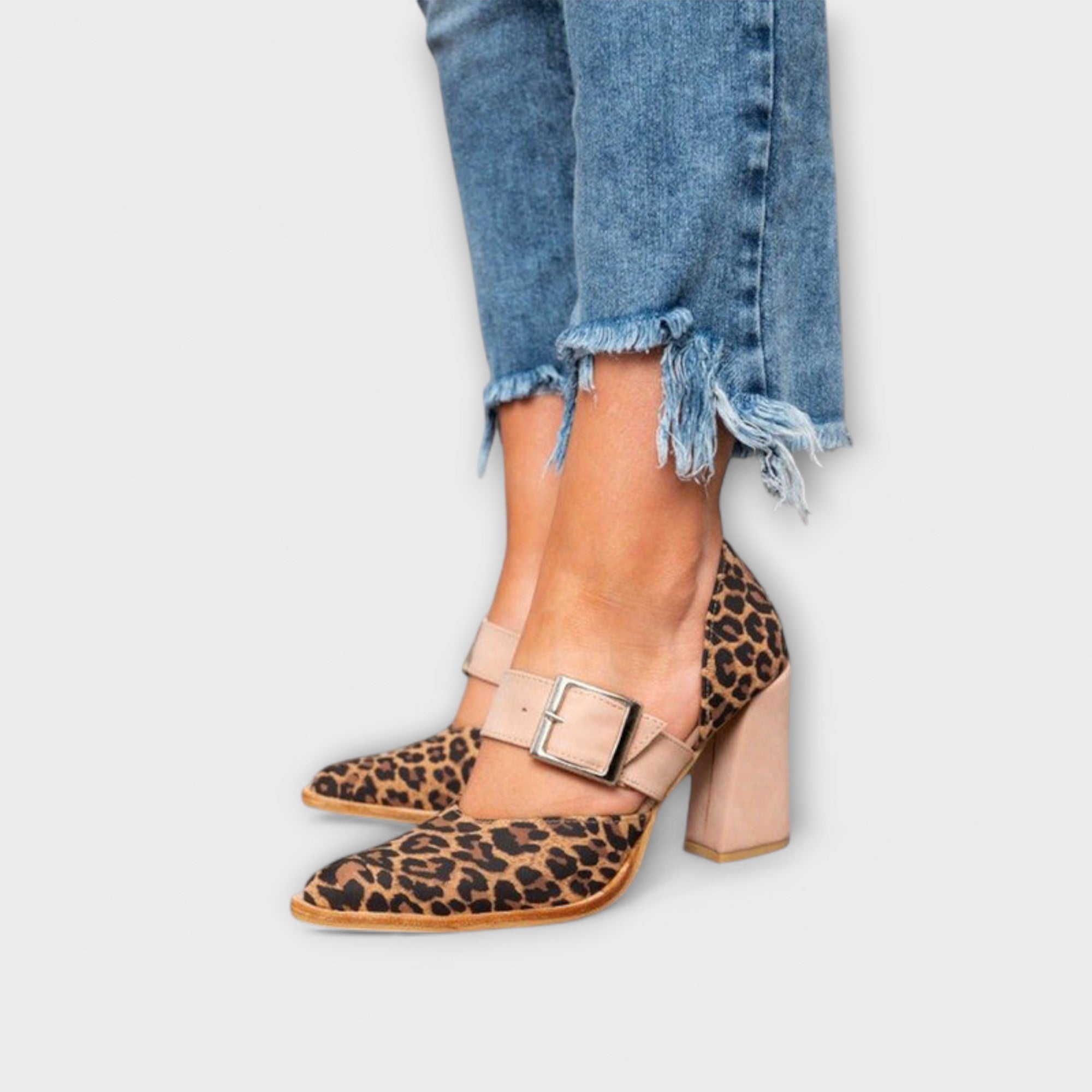 Leoparden-Sandalen mit Absatz, verstellbarer Riemen mit Schnalle, Blockabsatz