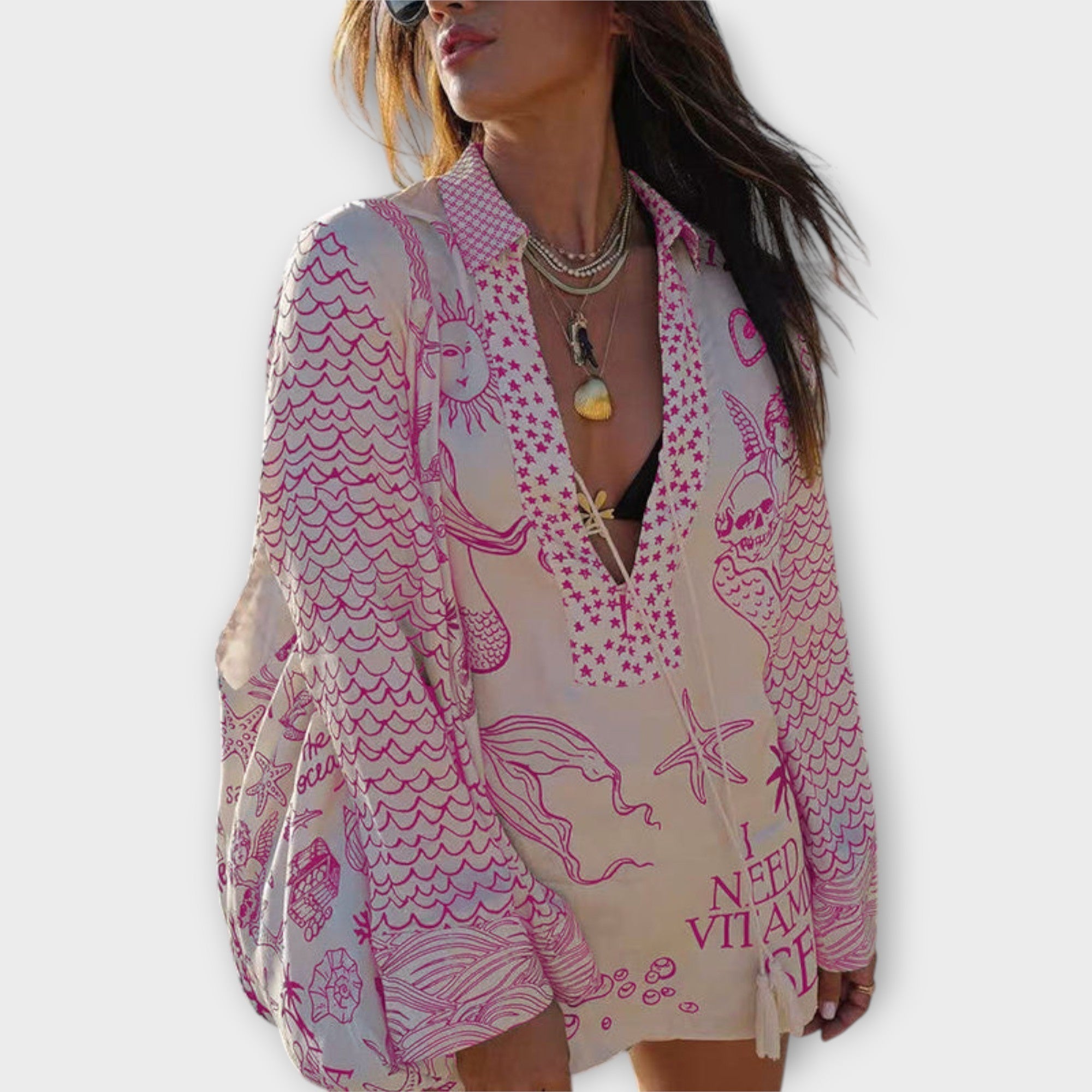 Satin-Shirt-und-Shorts-Set in rosa mit Meerestier- und Wellenmuster