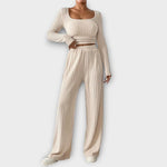 Set aus langarmigem Crop-Top und weitem Hosenbund, beiges Rippenmuster