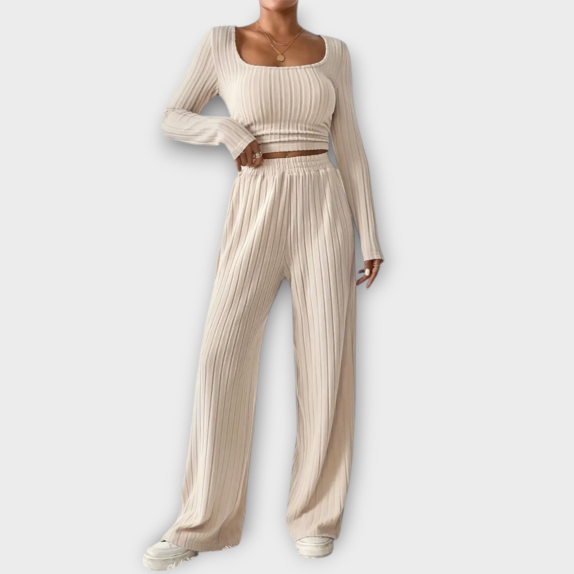 Set aus langarmigem Crop-Top und weitem Hosenbund, beiges Rippenmuster