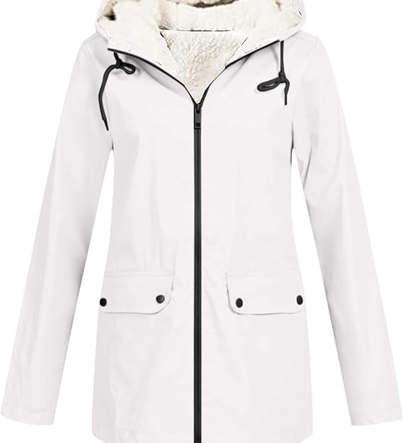Weißer Kapuzenpullover mit Reißverschluss, Teddyfutter, Fronttaschen