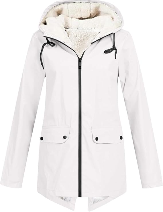 Weißer Kapuzenpullover mit Reißverschluss, Teddyfutter, Fronttaschen