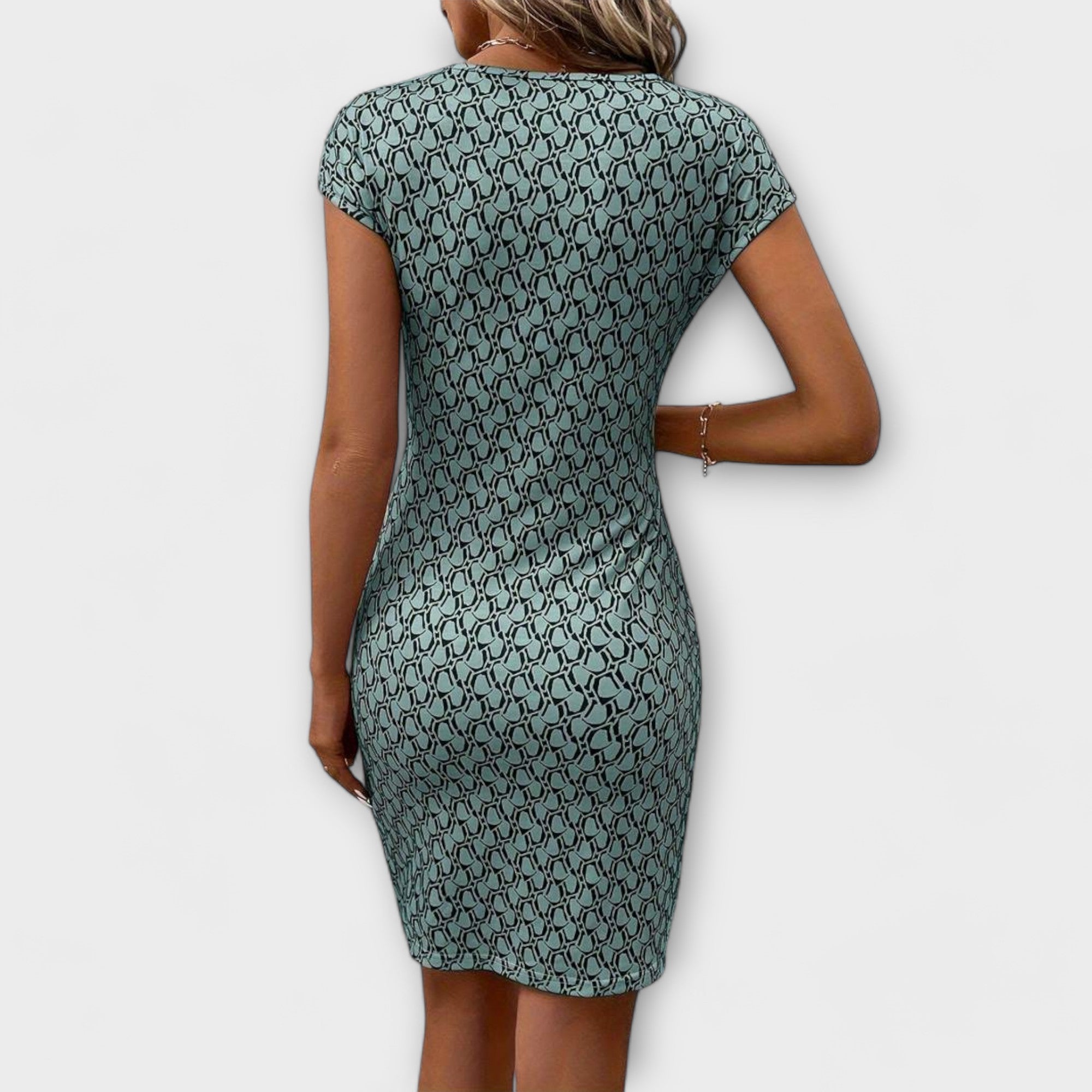 Kurzärmliges Tulpenkleid mit Allover-Kettengliedermuster, türkis, Rückansicht