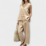 Leinen-Baumwoll-Set mit ärmellosem Top und weiter Hose, beige