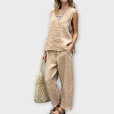 Leinen-Baumwoll-Set mit ärmellosem Top und weiter Hose, beige