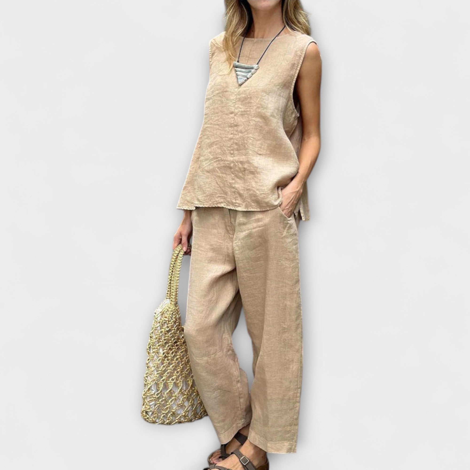 Leinen-Baumwoll-Set mit ärmellosem Top und weiter Hose, beige