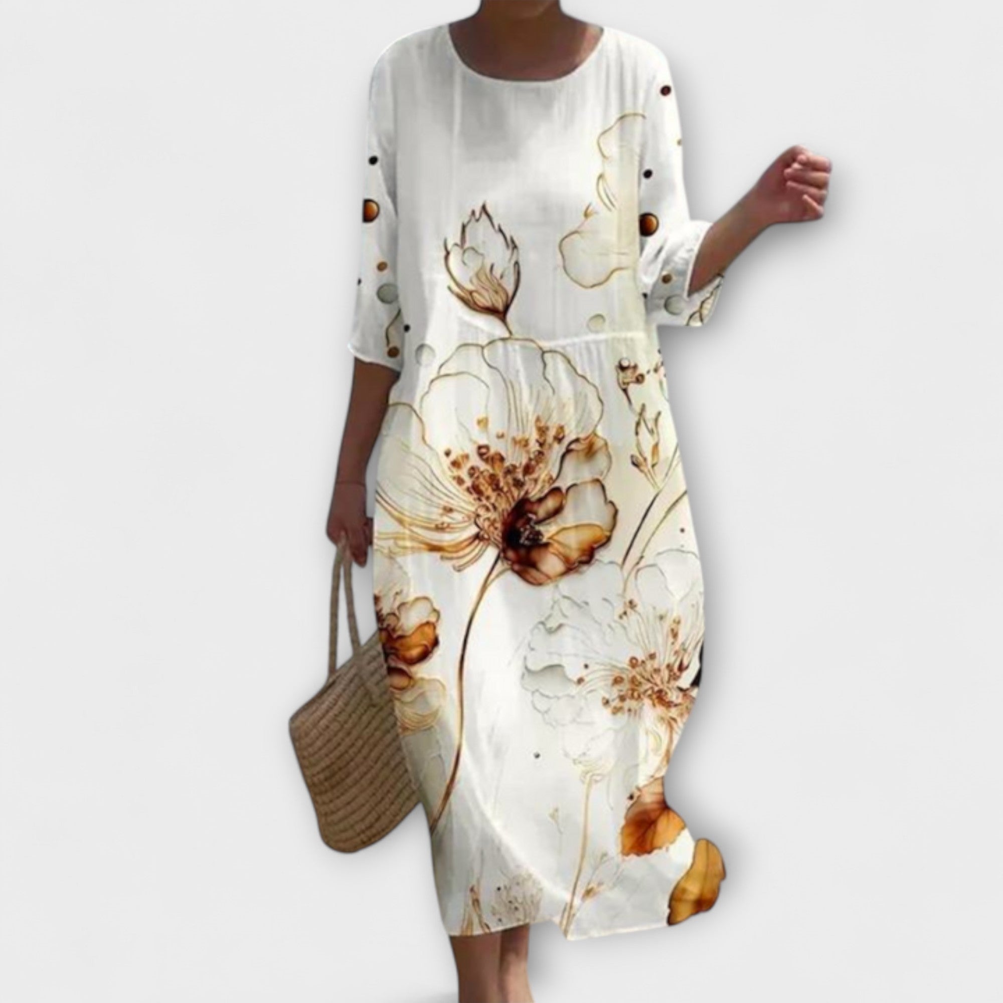 Miranda-Maxikleid mit beigem Blumenprint auf weißem Grund