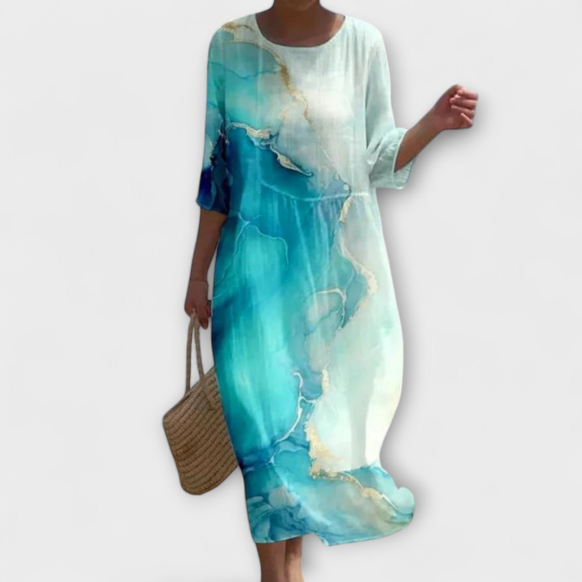 Miranda-Maxikleid in Pastellblau mit abstraktem Wolkenmuster