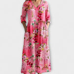 Marsell Maxi-Kleid aus fließendem Stoff, pink mit Blumenmuster, V-Ausschnitt, 3/4-Ärmel