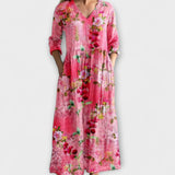 Marsell Maxi-Kleid aus fließendem Stoff, pink mit Blumenmuster, V-Ausschnitt, 3/4-Ärmel