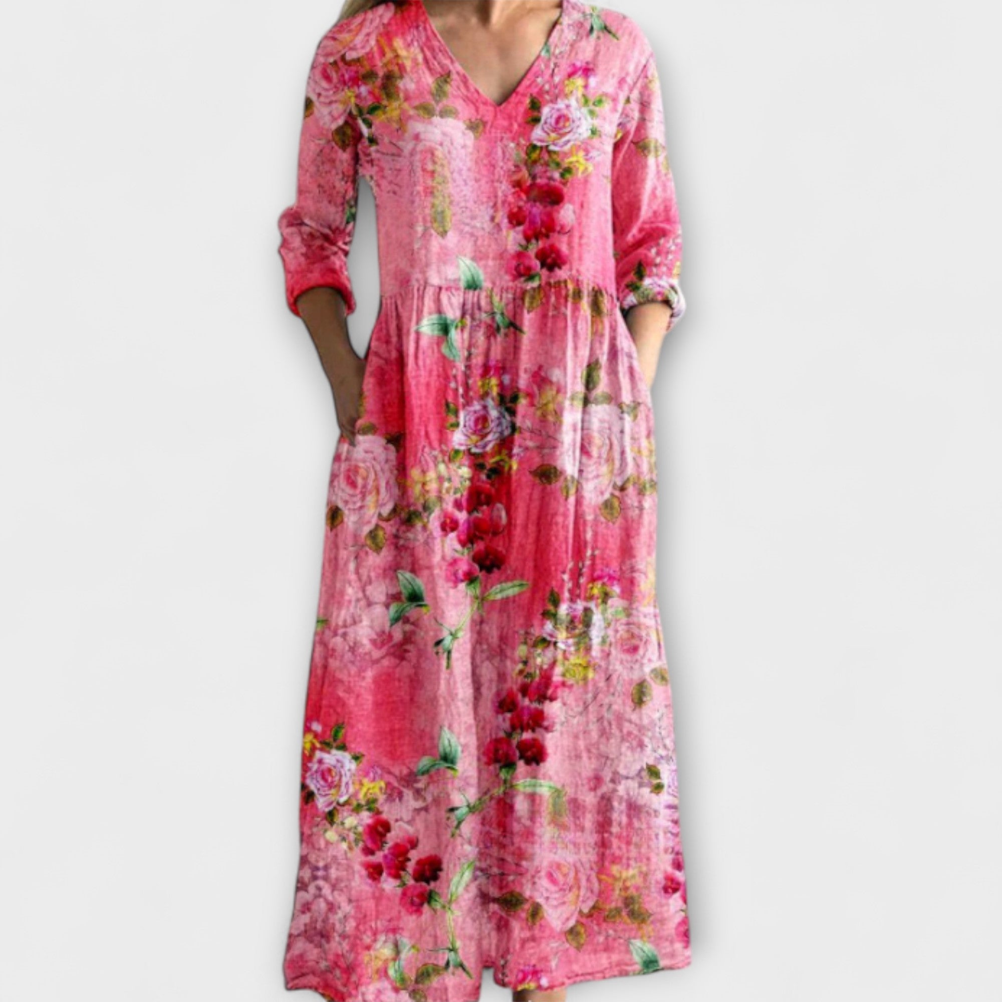 Marsell Maxi-Kleid aus fließendem Stoff, pink mit Blumenmuster, V-Ausschnitt, 3/4-Ärmel