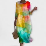 Miranda-Maxikleid mit buntem Aquarellverlauf in Gelb, Grün und Rot