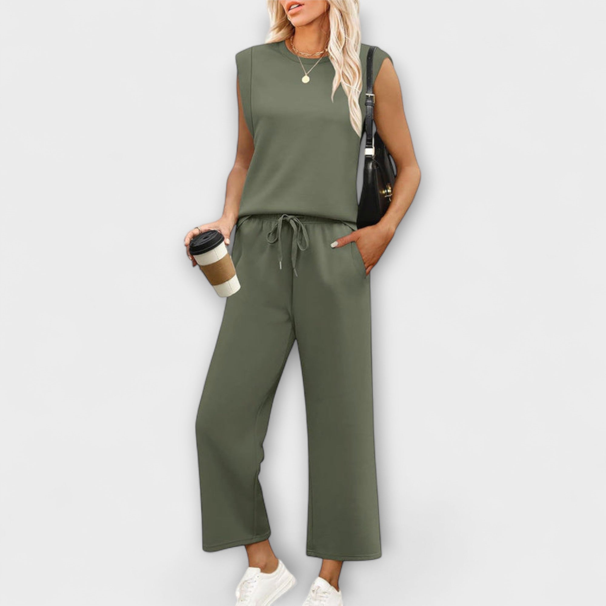 Zweiteiliges Damen-Set mit ärmellosem Oberteil und weiten Culottes, Kordelzug, olivgrün