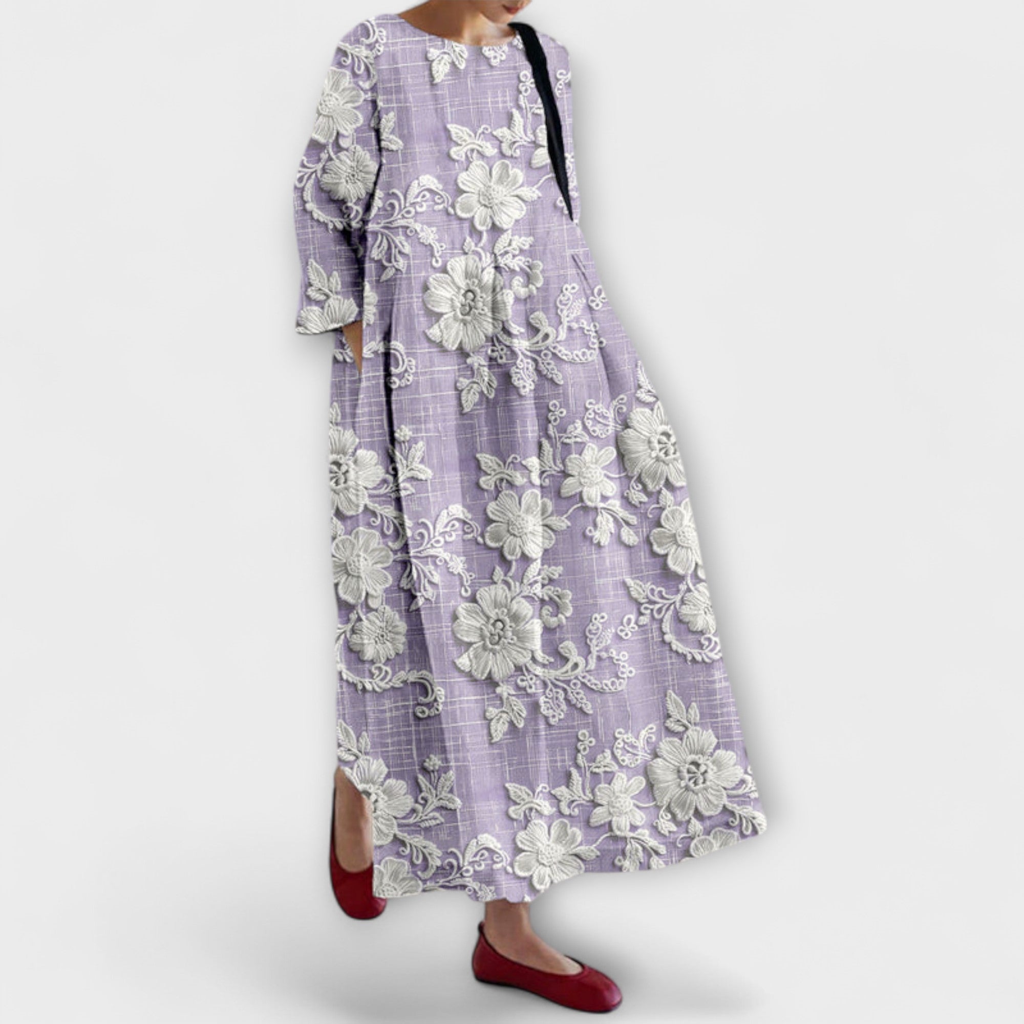 Maxikleid mit floraler Stickerei, lila gemustert, Rundhalsausschnitt, weite Ärmel