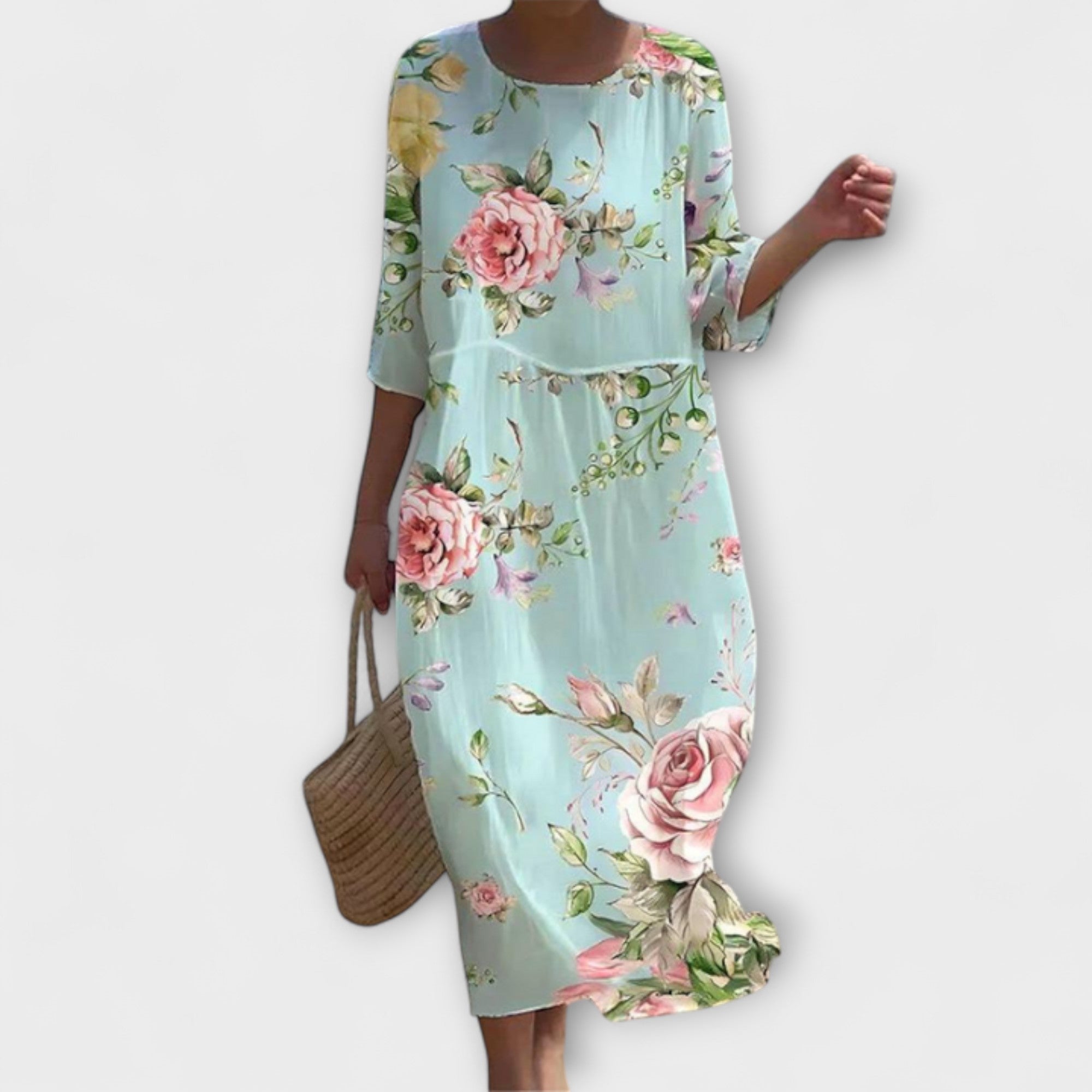Miranda-Floral-Maxikleid mit hellblauem Untergrund und großen Rosenblüten