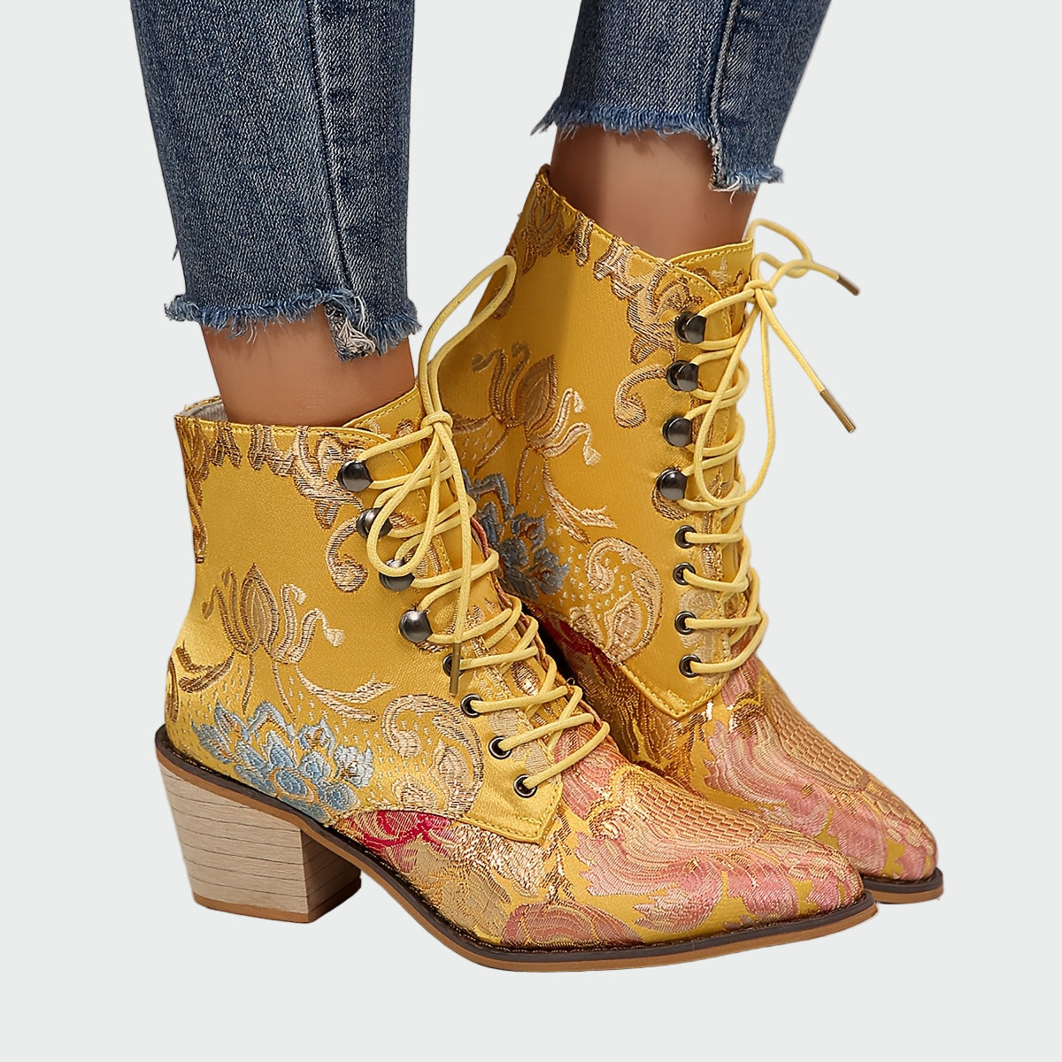 Lederstiefeletten mit Blumenmuster