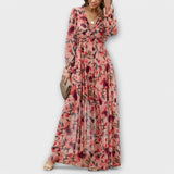 Elegantes Kleid mit V-Ausschnitt, langen Ärmeln und Rüschenbund, rosafarbene Blüten