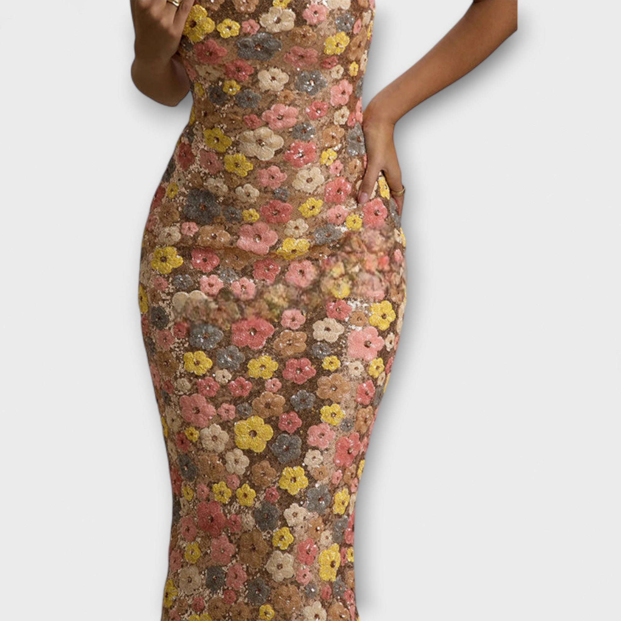 Maxi-Kleid mit floralen Pailletten im Allover-Muster, schimmernd