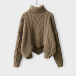 Beiger Zopfmuster-Pullover mit Rollkragen aus Strick, weite Ärmel