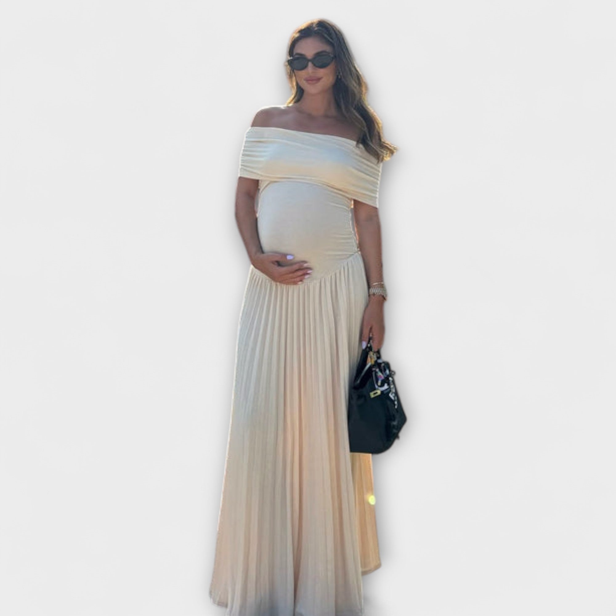 Maxi-Kleid für Schwangere, hellbeige, schulterfrei, mit Falten und gerafftem Bauchbereich