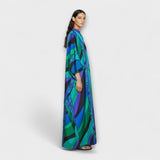 Harper Kaftan seitlich, bodenlang, Kreis- und Rankenmuster in Grün, Blau & Lila
