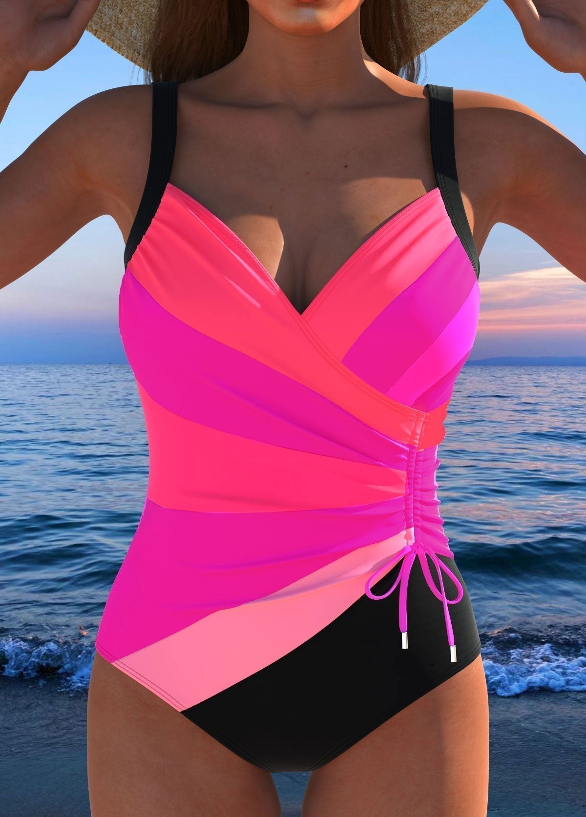 Badeanzug mit Wickeloptik in Pink mit grafischem Print und seitlicher Kordel