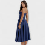 Marineblaues ärmelloses Korsettkleid, seitlich, mit Spaghettiträgern und Glockenrock