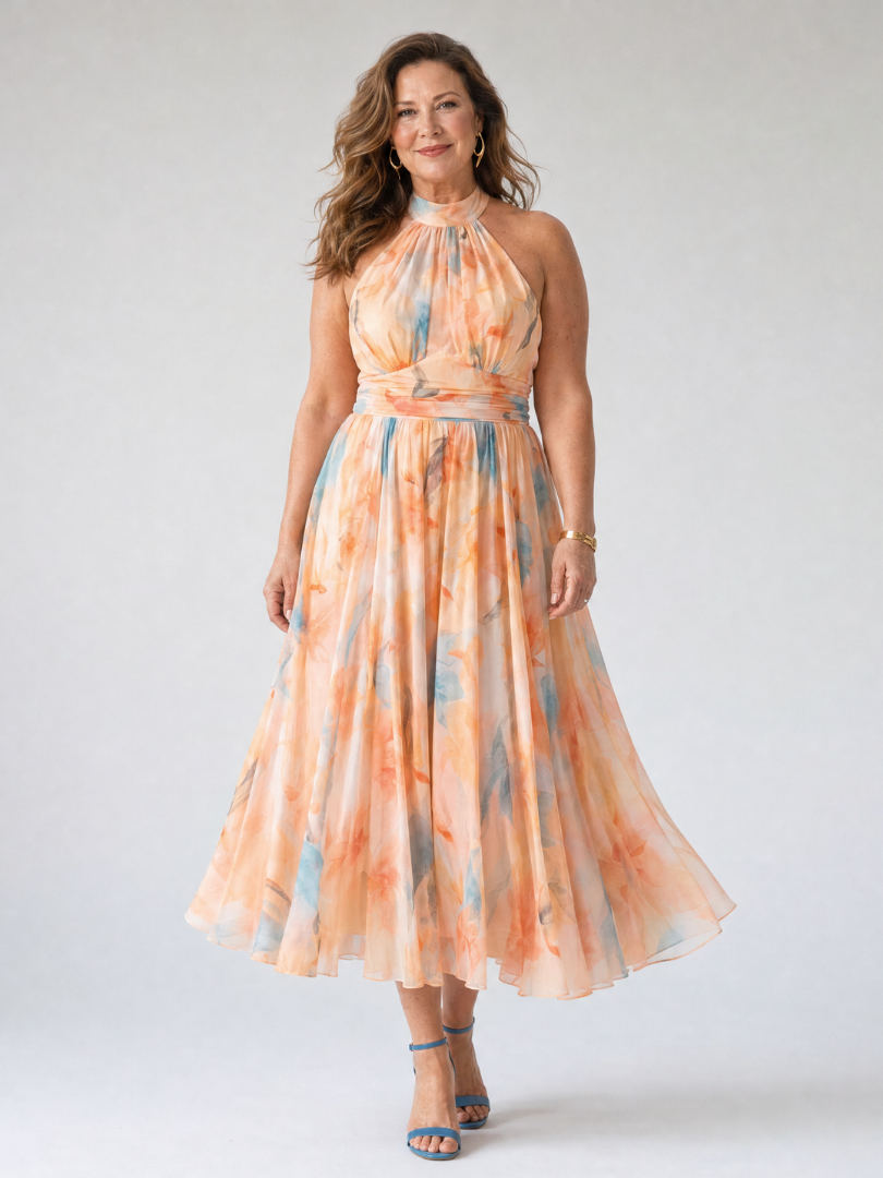 Halter-Midi-Kleid mit mehrfarbigem Aquarellmuster, ärmellos, fließender Midi-Rock