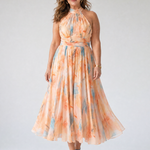 Halter-Midi-Kleid mit mehrfarbigem Aquarellmuster, ärmellos, fließender Midi-Rock